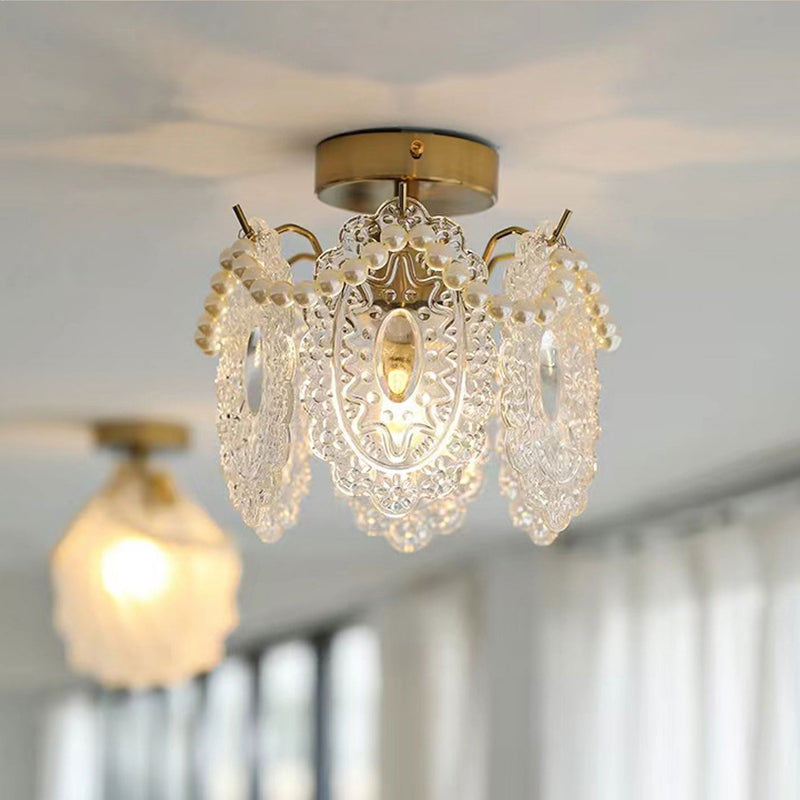 French Light Luxury Petal Pearl Glass 1-Light Flush Mount Ceiling Light