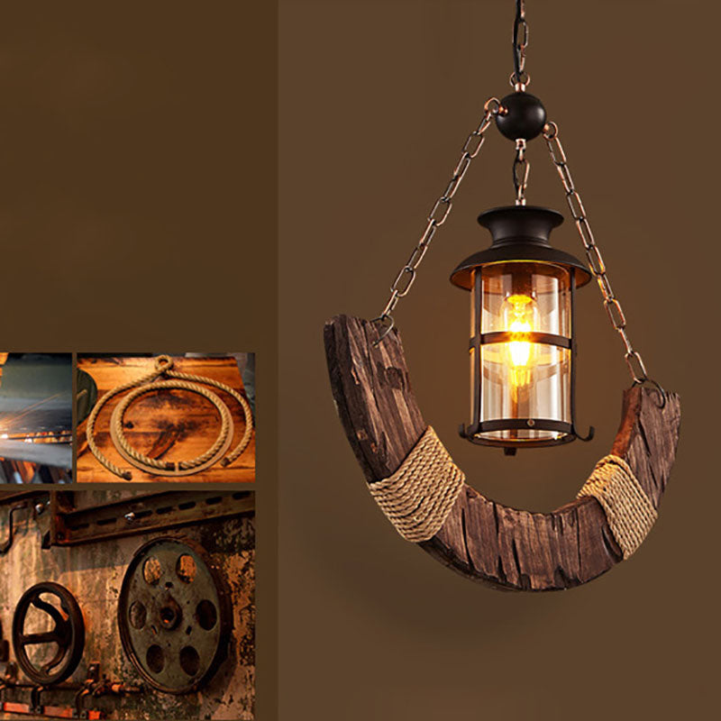 Traditional Farmhouse Arched Wooden Beam Iron Chain 1-Light Pendant Light For Entertainment Room