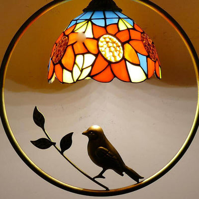 Tiffany Rustic Dome Stained Glass Ring Bird Design 1-Light Pendant Light