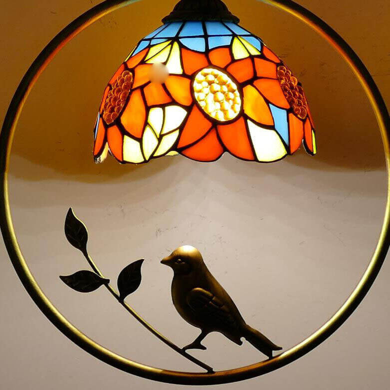 Tiffany Rustic Dome Stained Glass Ring Bird Design 1-Light Pendant Light