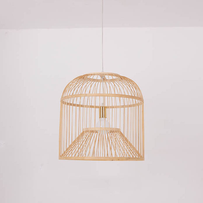 Moderne chinesische Bambusgeflecht-Vogelkäfig 1-Licht Pendelleuchte 
