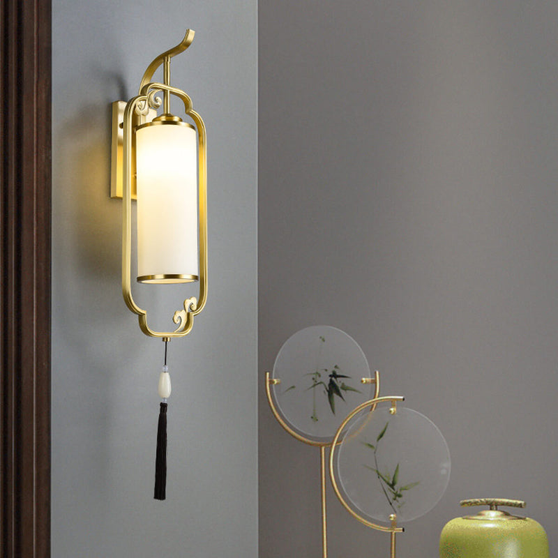 Modern Chinese Brass Glass Column 1-Light Wall Sconce Lamp