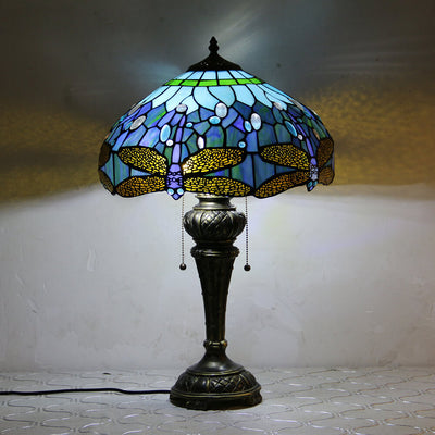 European Vintage Tiffany Dragonfly Peacock Glass Resin 1-Light Table Lamp