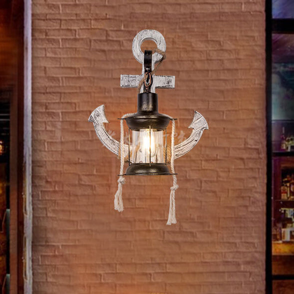 Aplique de pared de 1 luz con ancla de barco vintage industrial de madera maciza 