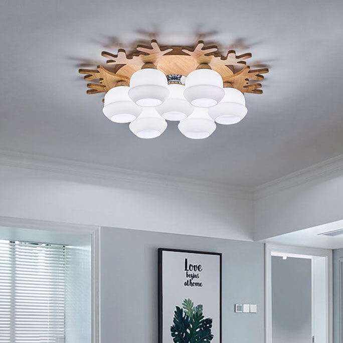 Nordic Massivholz Geweih Milchglas Rundschirm 3/5/7 Licht Unterputz Deckenleuchte 