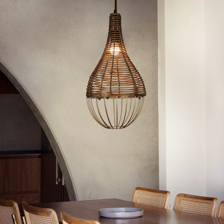 Retro Rattan Weben Tropfenförmiger Schirm 1-Licht Pendelleuchte 