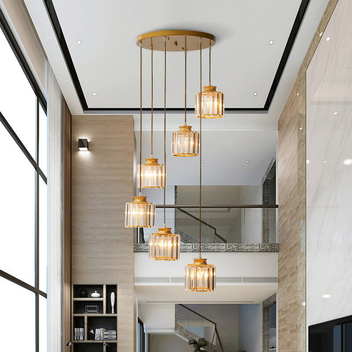 Moderne prismatische Kristallzylinder 6-Licht-Treppenhaus-Kronleuchter 