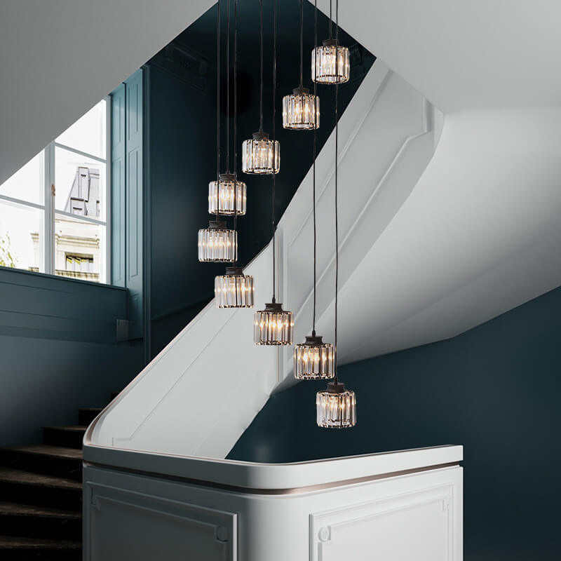 Moderne prismatische Kristallzylinder 6-Licht-Treppenhaus-Kronleuchter 