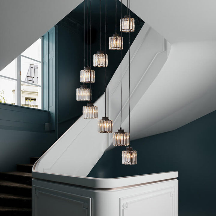 Moderne prismatische Kristallzylinder 6-Licht-Treppenhaus-Kronleuchter 