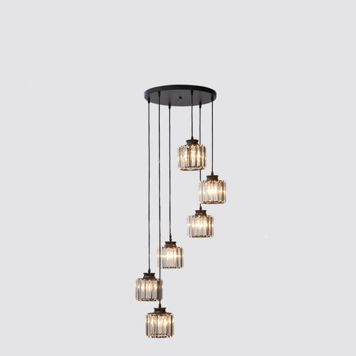 Moderne prismatische Kristallzylinder 6-Licht-Treppenhaus-Kronleuchter 