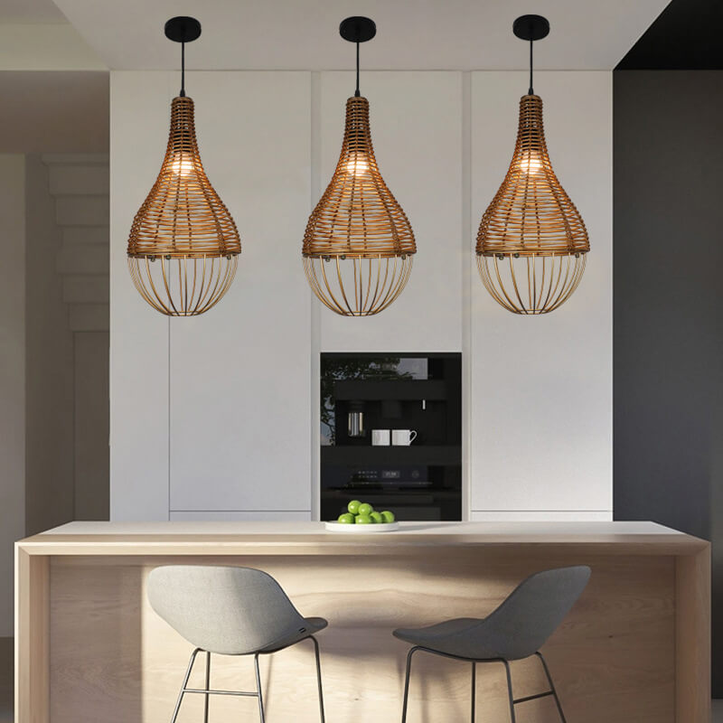 Retro Rattan Weben Tropfenförmiger Schirm 1-Licht Pendelleuchte 