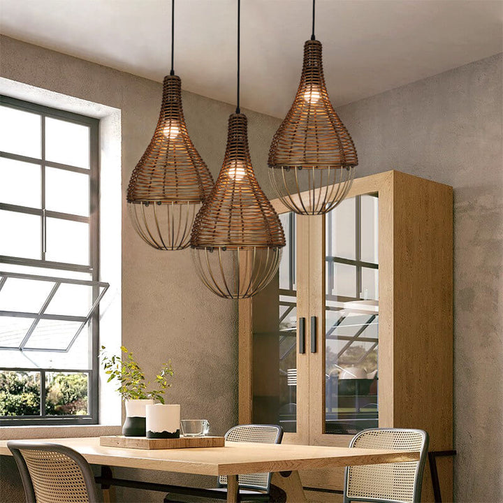 Retro Rattan Weben Tropfenförmiger Schirm 1-Licht Pendelleuchte 