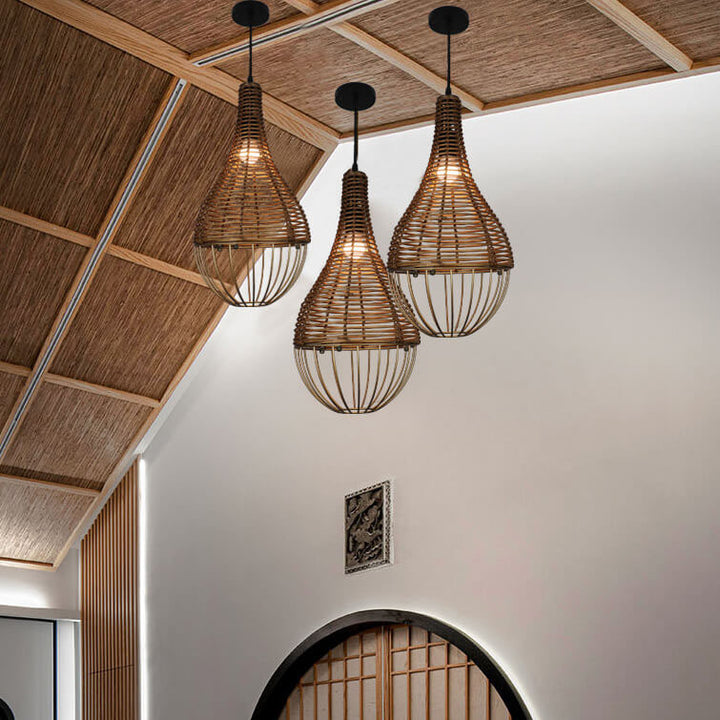 Retro Rattan Weben Tropfenförmiger Schirm 1-Licht Pendelleuchte 