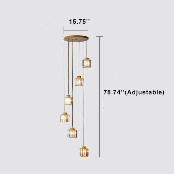 Modern Prismatic Crystal Cylindrical 6-Light Stairway Chandeliers