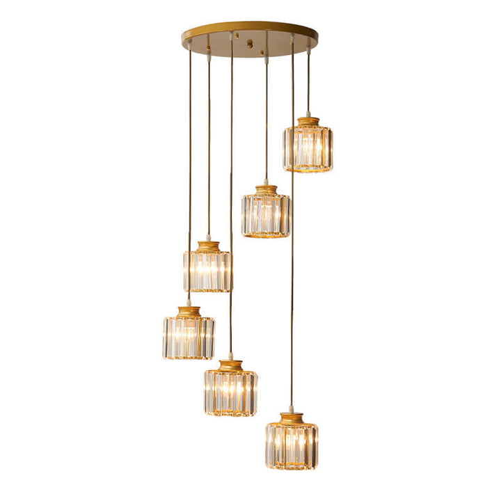 Moderne prismatische Kristallzylinder 6-Licht-Treppenhaus-Kronleuchter 