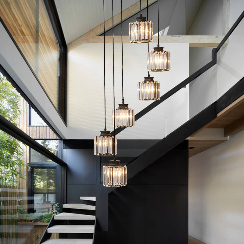 Modern Prismatic Crystal Cylindrical 6-Light Stairway Chandeliers