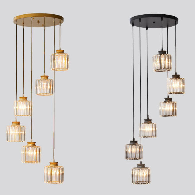 Moderne prismatische Kristallzylinder 6-Licht-Treppenhaus-Kronleuchter 