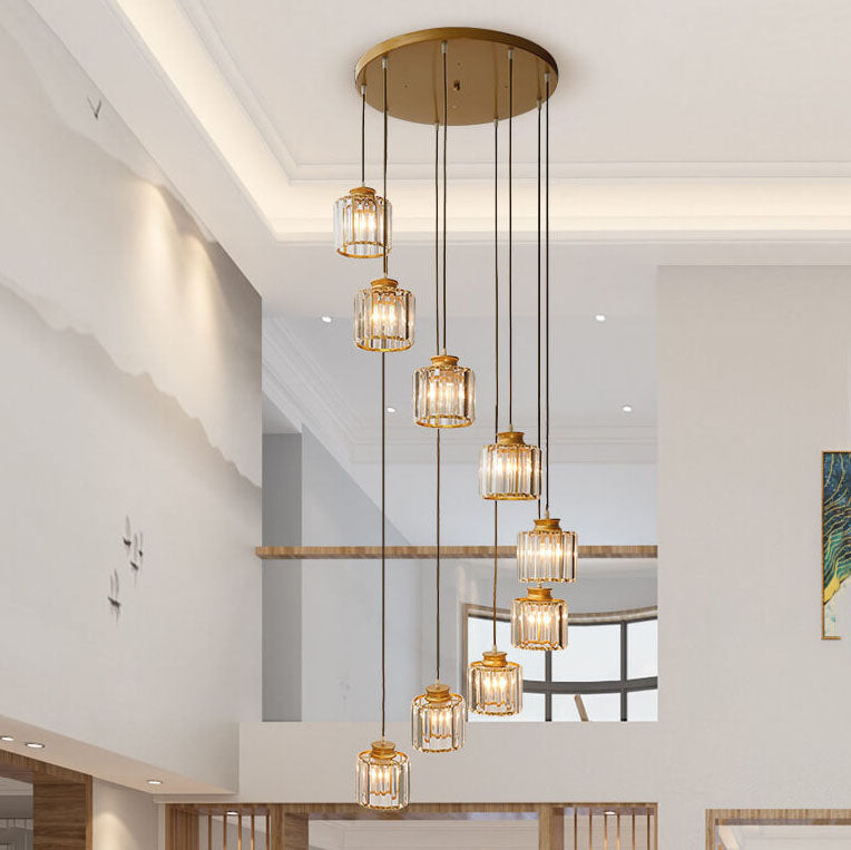 Moderne prismatische Kristallzylinder 6-Licht-Treppenhaus-Kronleuchter 