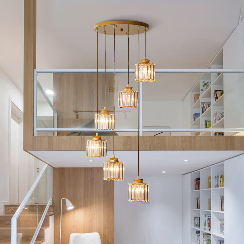 Moderne prismatische Kristallzylinder 6-Licht-Treppenhaus-Kronleuchter 