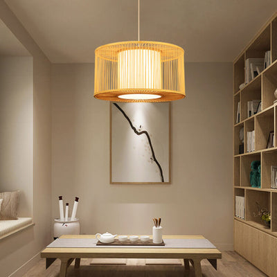 Modern Bamboo Weaving 1-Light Drum Pendant Light