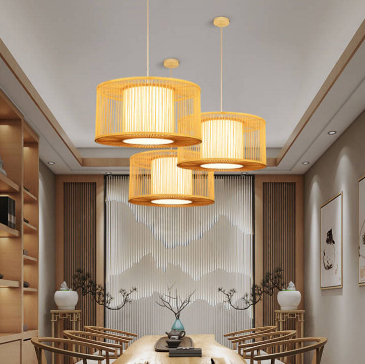 Modern Bamboo Weaving 1-Light Drum Pendant Light