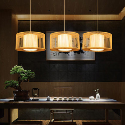 Modern Bamboo Weaving 1-Light Drum Pendant Light