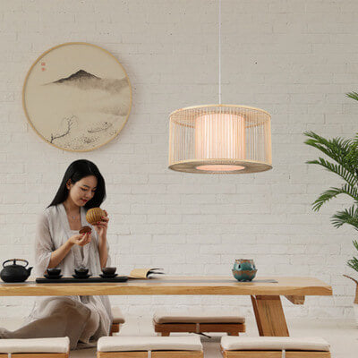 Modern Bamboo Weaving 1-Light Drum Pendant Light