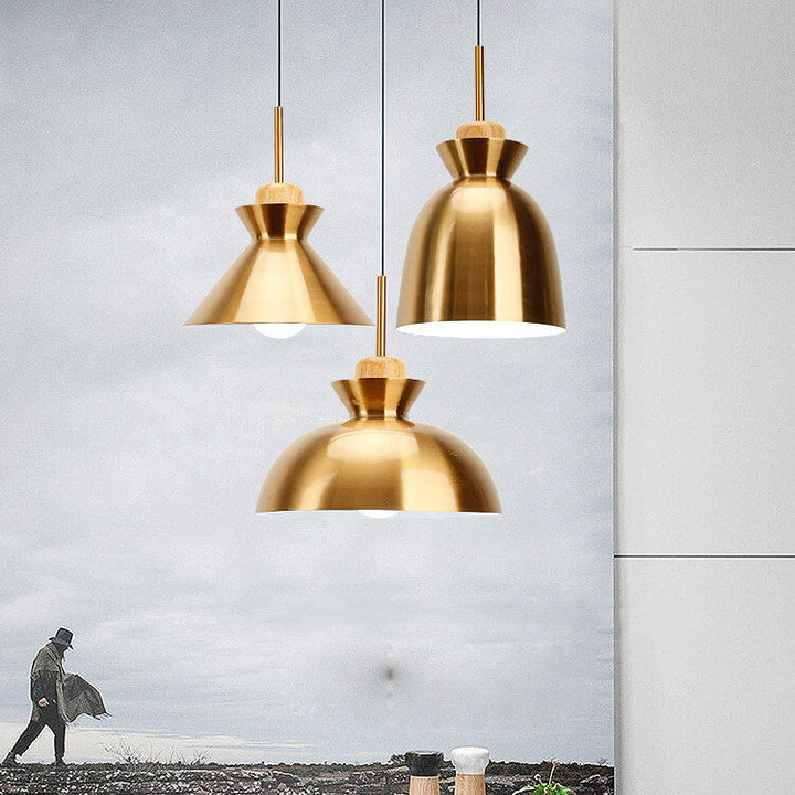 Nordic Simple Golden Dome Metal 1-Light Wood Handle Pendant Light