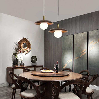 Modern Brown Wooden 1-Light Dome Shade LED Pendant Light