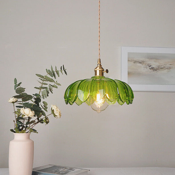 Lustre suspendu en laiton moderne rustique avec une fleur en verre à 1 lumière 