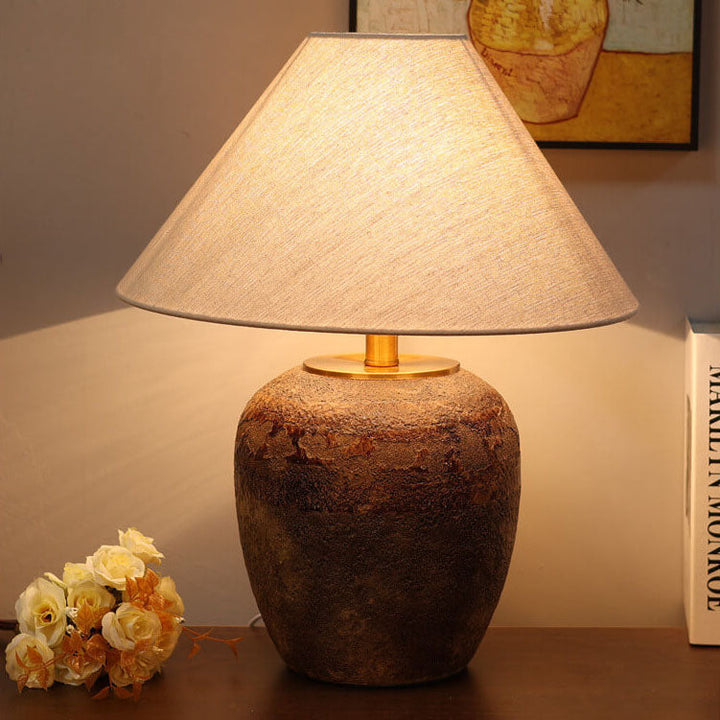 Chinesische Retro-Vase Basis Keramik Leinen 1-Licht Tischlampe 