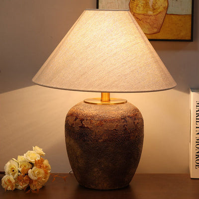 Chinese Retro Vase Base Ceramic Linen 1-Light Table Lamp