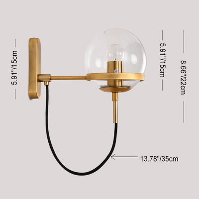 Modern Minimalist Round Ball Electroplated Copper Glass 1-Light Wall Sconce Lamp For Bedroom