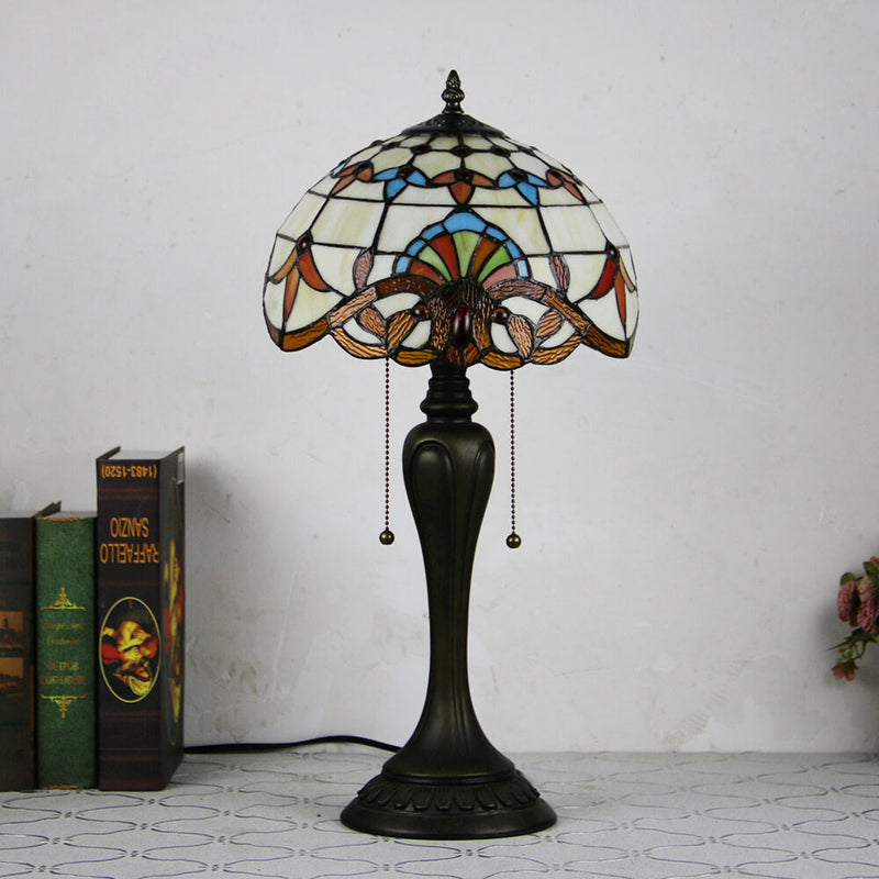 Vintage Tiffany Baroque Stained Glass Dome Pull Cord 1-Light Table Lamp