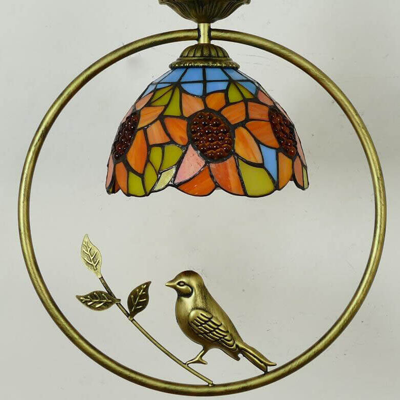 Tiffany Rustic Dome Stained Glass Ring Bird Design 1-Light Pendant Light