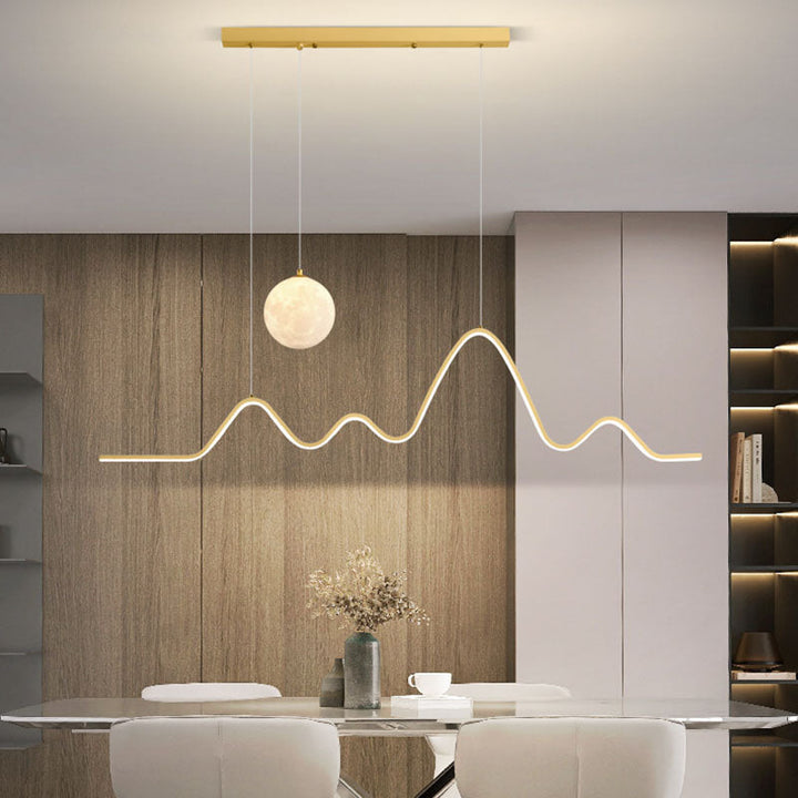 Moderner minimalistischer Kronleuchter mit gewelltem Aluminiumstreifen und PLA 3D-Mondschirm LED-Insellicht für das Esszimmer 