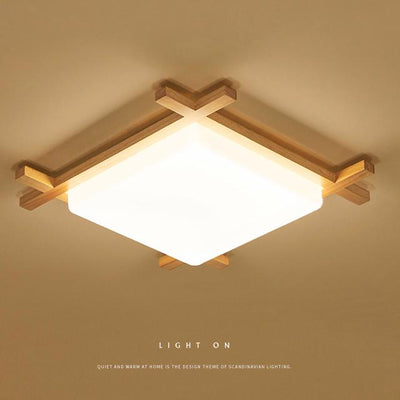 Moderne quadratische Deckenleuchte aus massivem Holz im japanischen Tatami-Stil mit LED 