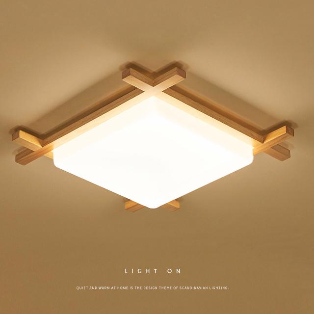 Moderne quadratische Deckenleuchte aus massivem Holz im japanischen Tatami-Stil mit LED 
