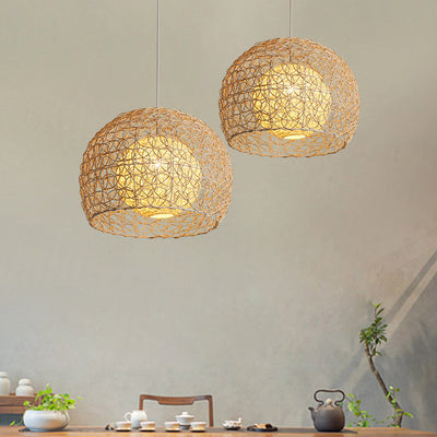 Contemporary Boho Rattan Weaving Cage 1-Light Pendant Light For Dining Room