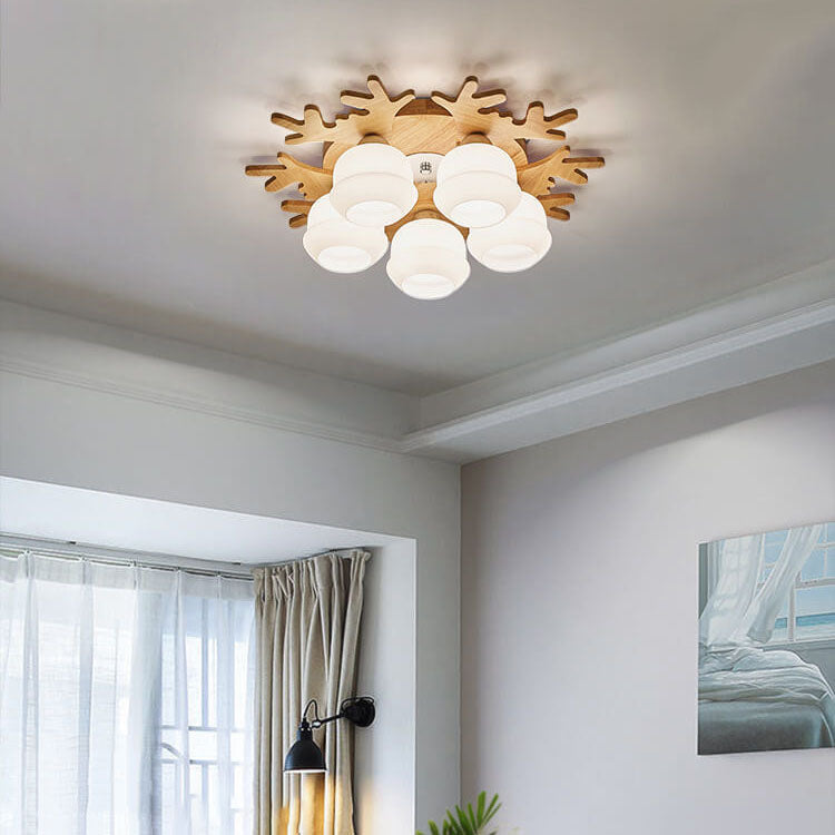 Nordic Solid Wood Antler Frosted Glass Round Shade 3/5/7 Light Flush Mount Ceiling Light