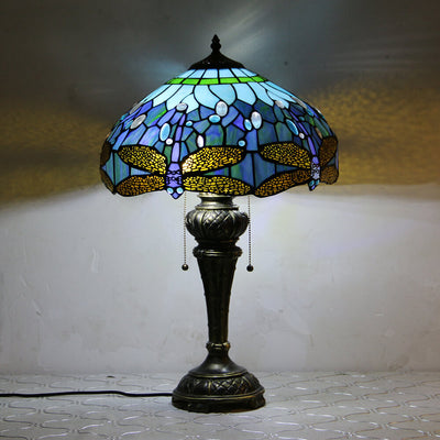 European Vintage Tiffany Dragonfly Peacock Glass Resin 1-Light Table Lamp