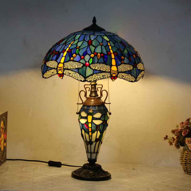 Lampe de table européenne à 2 lumières en forme de dôme hexagonal en vitrail Tiffany 