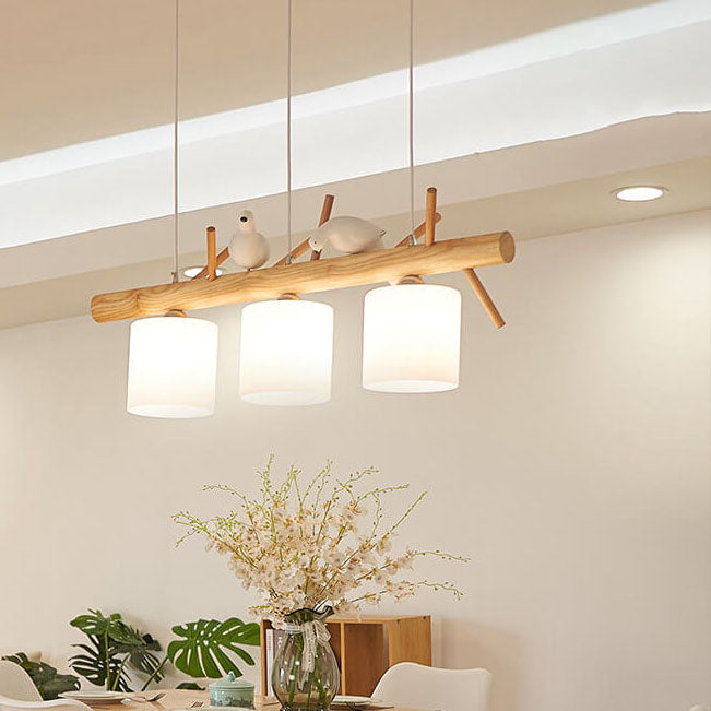 Nordic Minimalist Solid Wood Bird Decor Cylinder 2/3-Light Island Light Chandelier