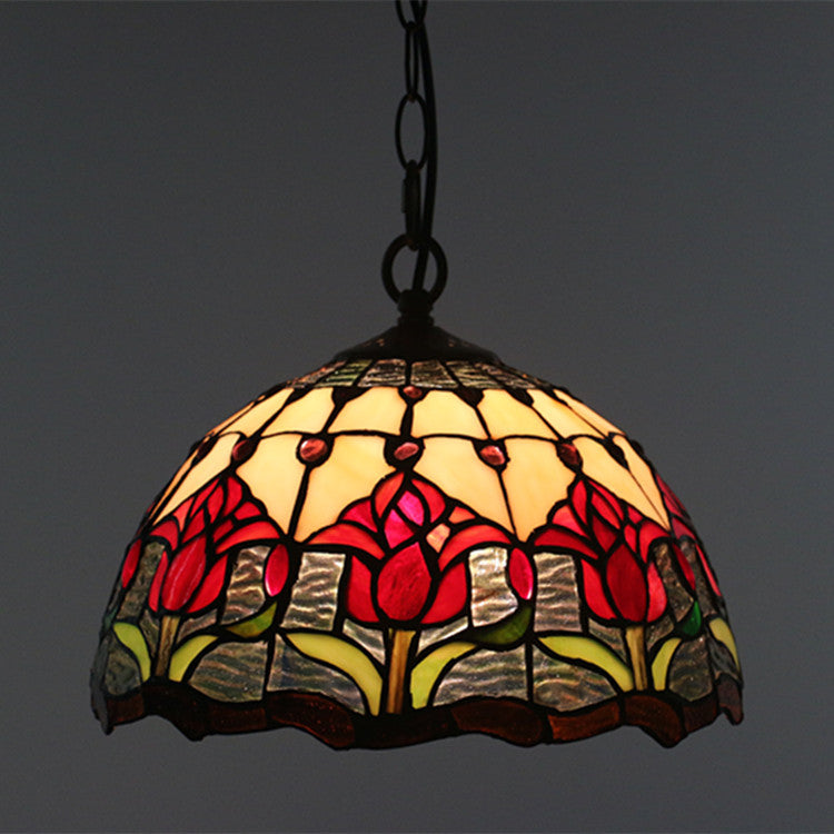 Traditionelle 1-flammige Tiffany-Pendelleuchte mit Blumenmotiv aus Buntglas und Eisenschirm für Wohn- und Schlafzimmer 