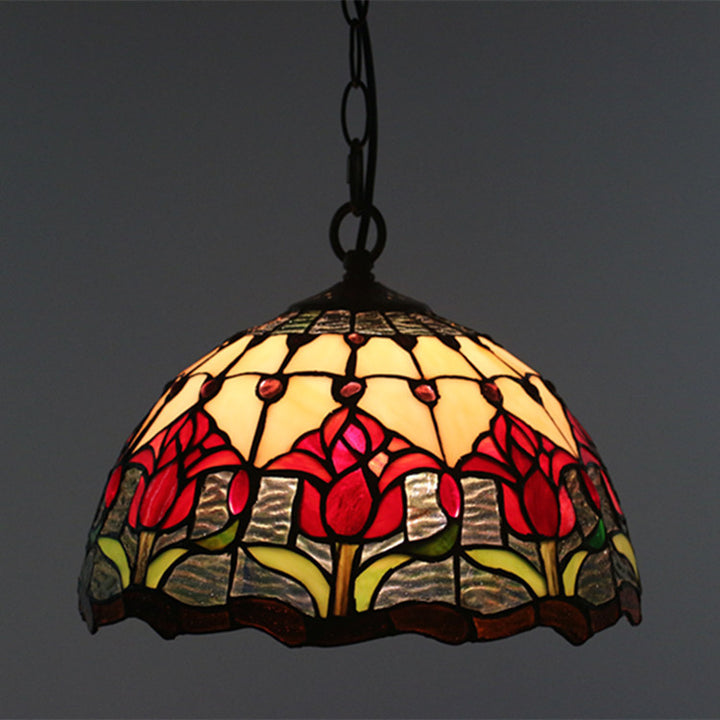 Traditionelle 1-flammige Tiffany-Pendelleuchte mit Blumenmotiv aus Buntglas und Eisenschirm für Wohn- und Schlafzimmer 