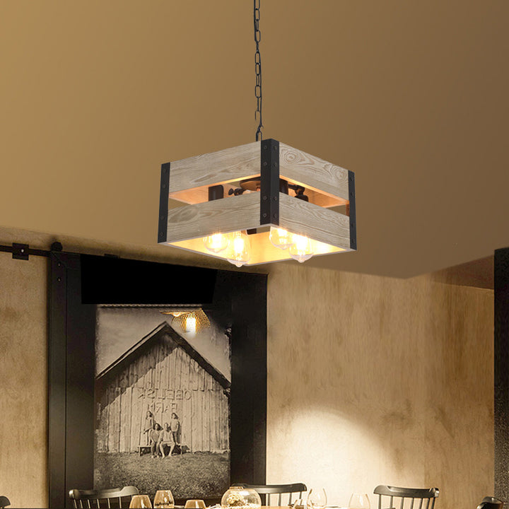 Chandelier Vintage Industriel en Bois avec Cage Carrée 1/4 Lumière 