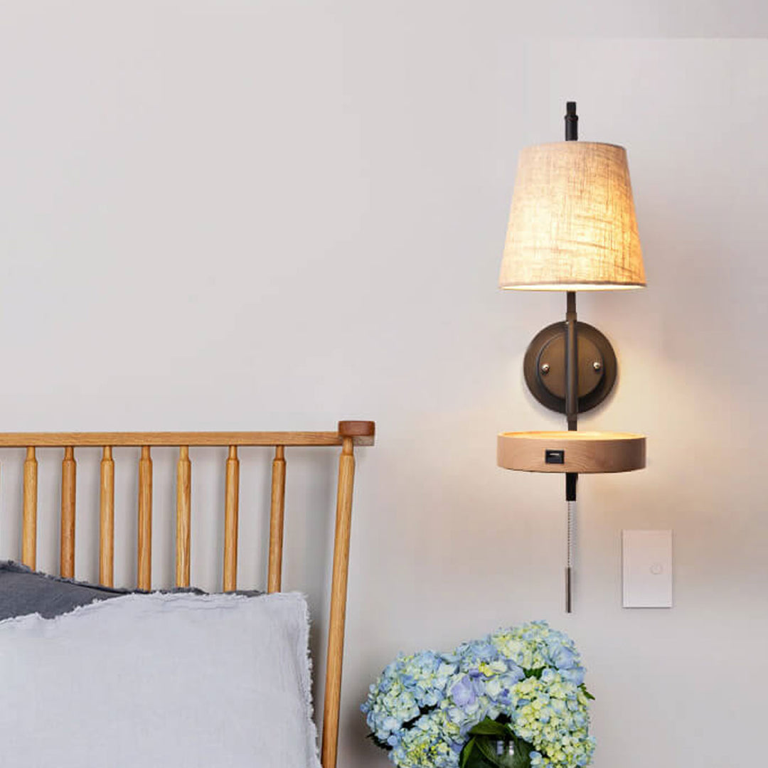 Nordic Light Luxury Solid Wood Wrought Iron Fabric 1-Light Wall Sconce Lamp