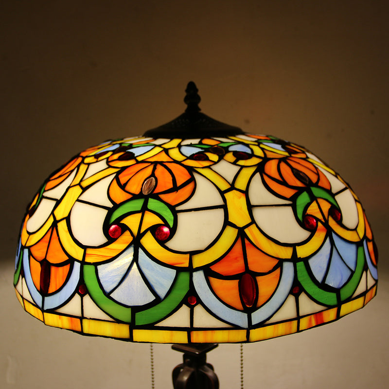 Lámpara de mesa de 2 luces con cordón de tiro en forma de cono de vidrio teñido estilo Tiffany Mediterráneo 