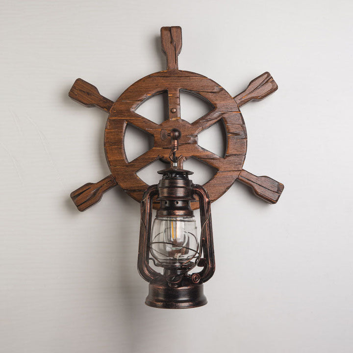 Aplique de pared contemporáneo industrial de madera de pino y vidrio con forma de timón de barco y lámpara de queroseno de 1 luz para salón y dormitorio 