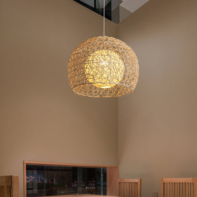 Contemporary Boho Rattan Weaving Cage 1-Light Pendant Light For Dining Room